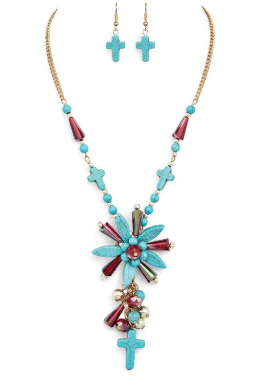 Turquoise Flower Cross Pendant Necklace Set